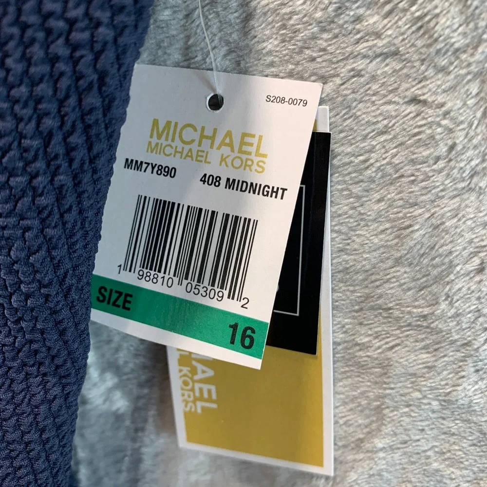 Michael Kors Womens Midnight Blue Textured Zip Front One Piece Swimsuit Size 16